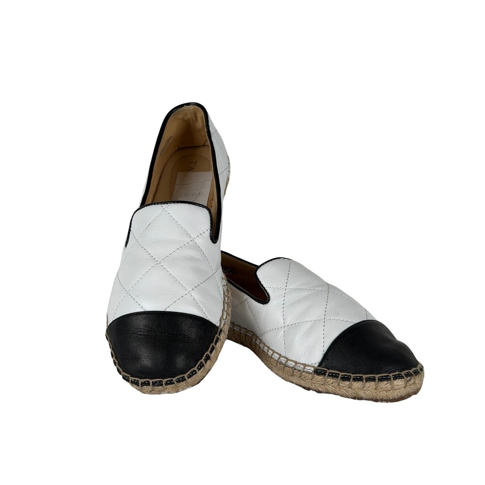Talbots Espadrilles Women 6.5‎ White Black Quilted Leather Cap Toe Flats